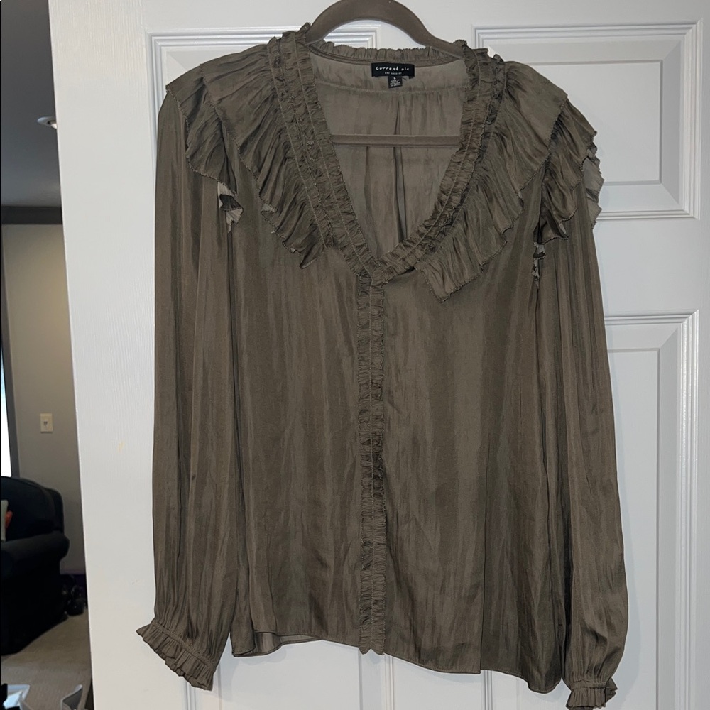 Current Air Ruffled V-Neck Blouse in Olive